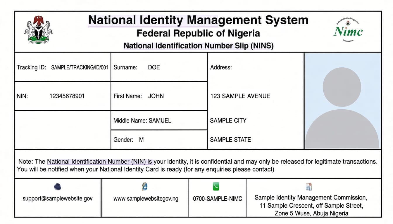 Example of an accepted paper National Identification Number slip
